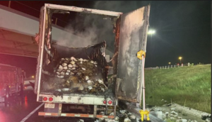 Thousands of turkeys roasted during semi fire.