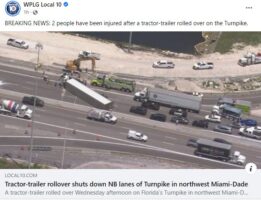 Tractor-trailer turns over on Florida Turnpike