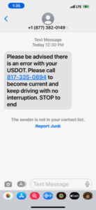 A scam text targeting truck drivers