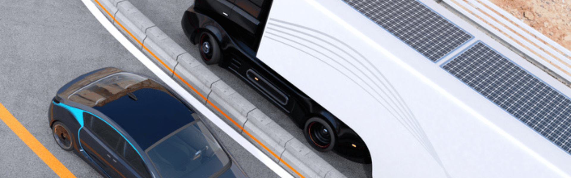 rendering of semi truck with solar panels on trailer driving down the highway next to a black car