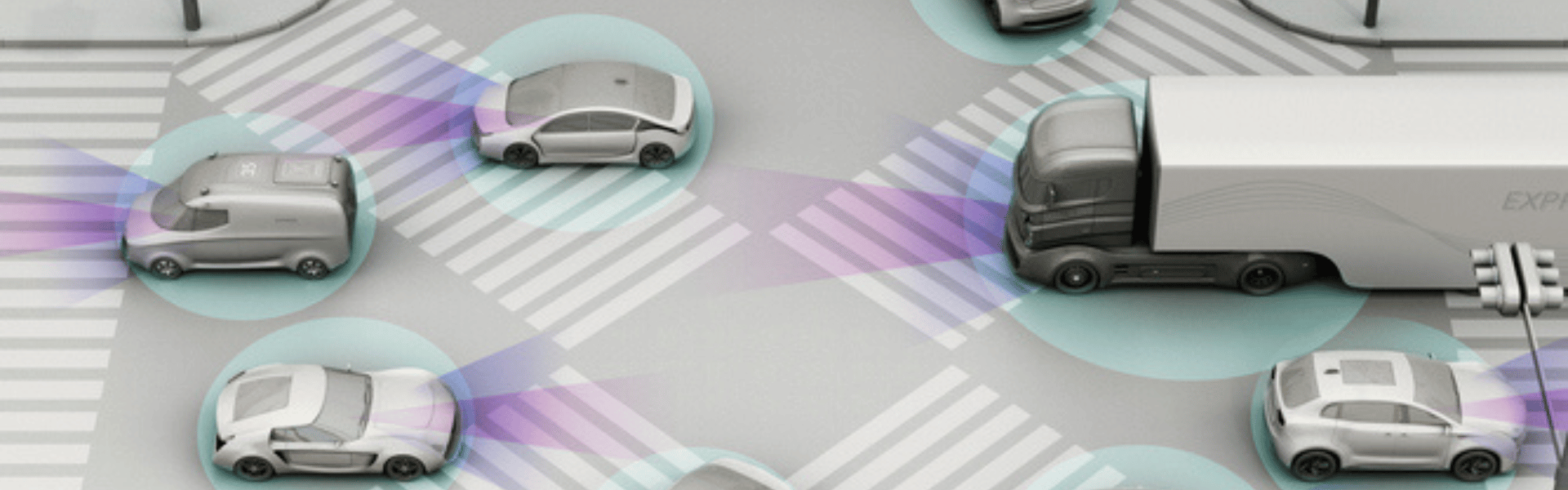 vehicles driving on road with sensor graphics