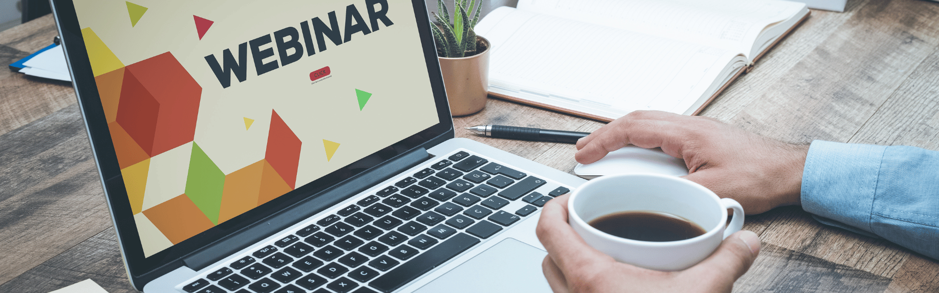 laptop watching webinar, man with coffee