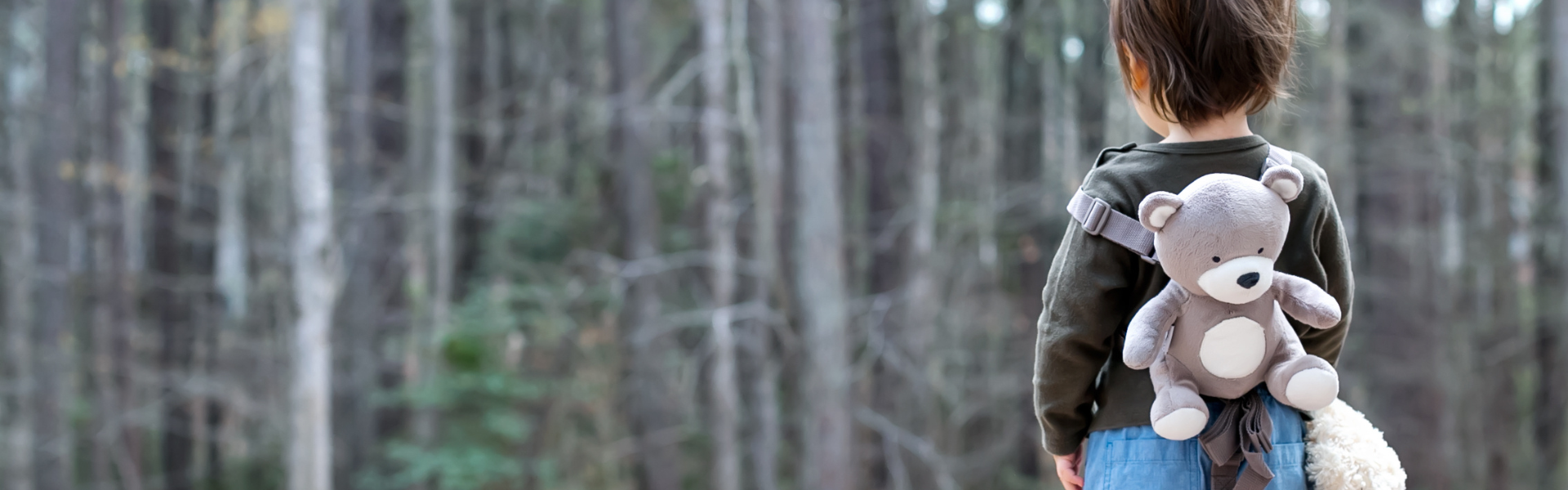 toddler with teddy bear backpack standing near edge of woods