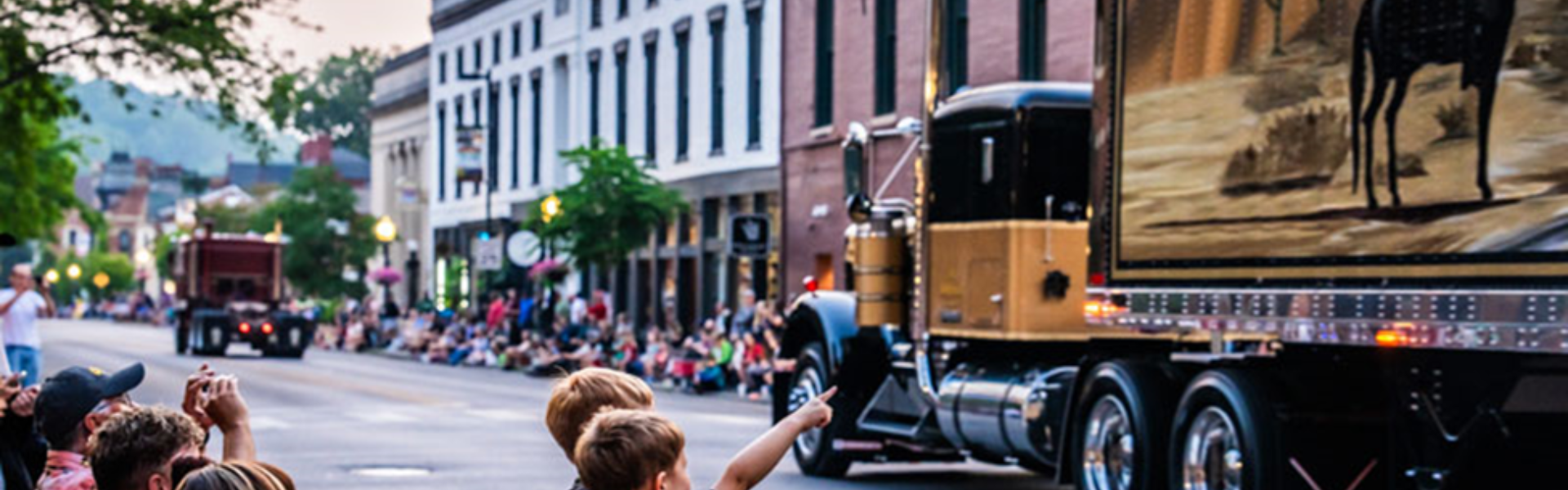 semi truck parade with children