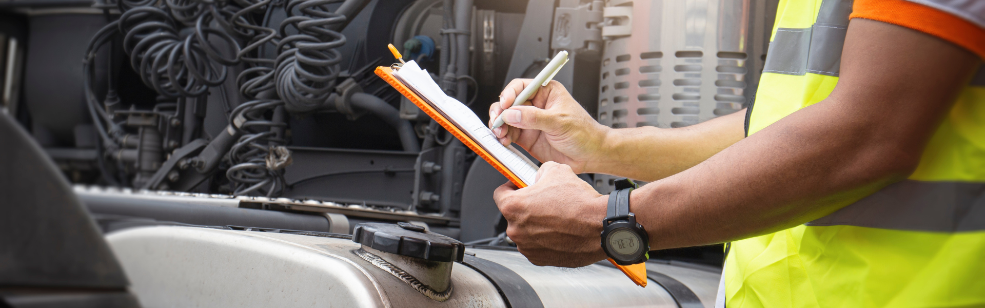 man with clipboard and safety vest near semi truck