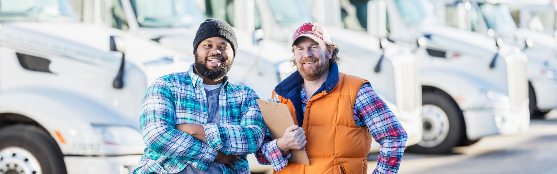 two smiling men standing in front of semi trucks