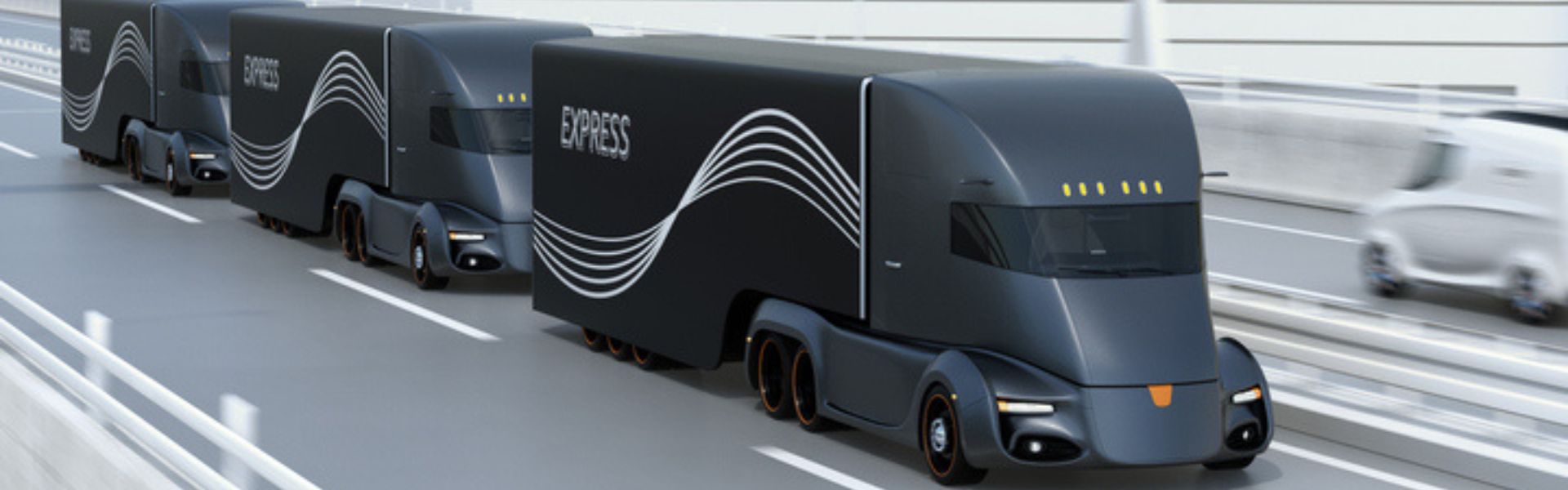line of self driving trucks on futuristic highway