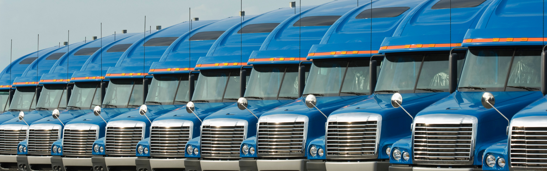 Line of blue semi trucks parked