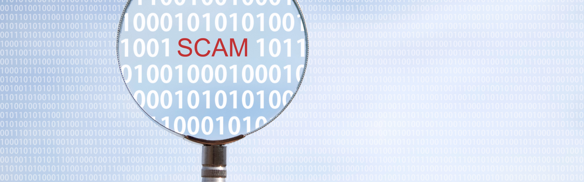 magnifying glass amplifying the word scam among binary code