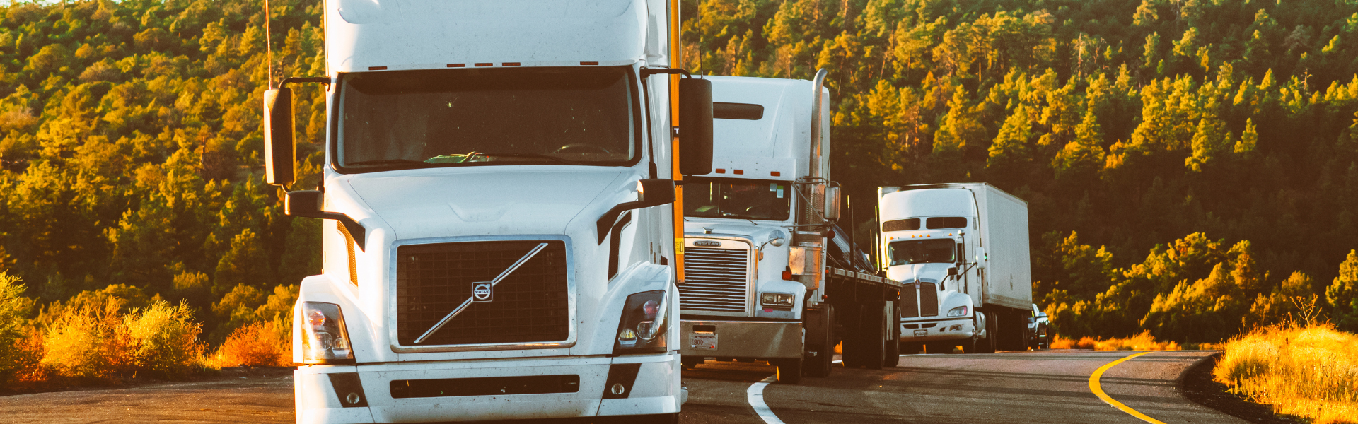 white volvo semi truck followed by other semi trucks