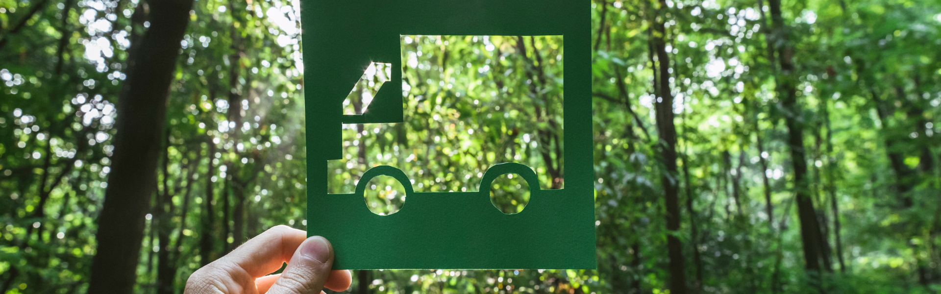 cutout of truck over a lush green forest