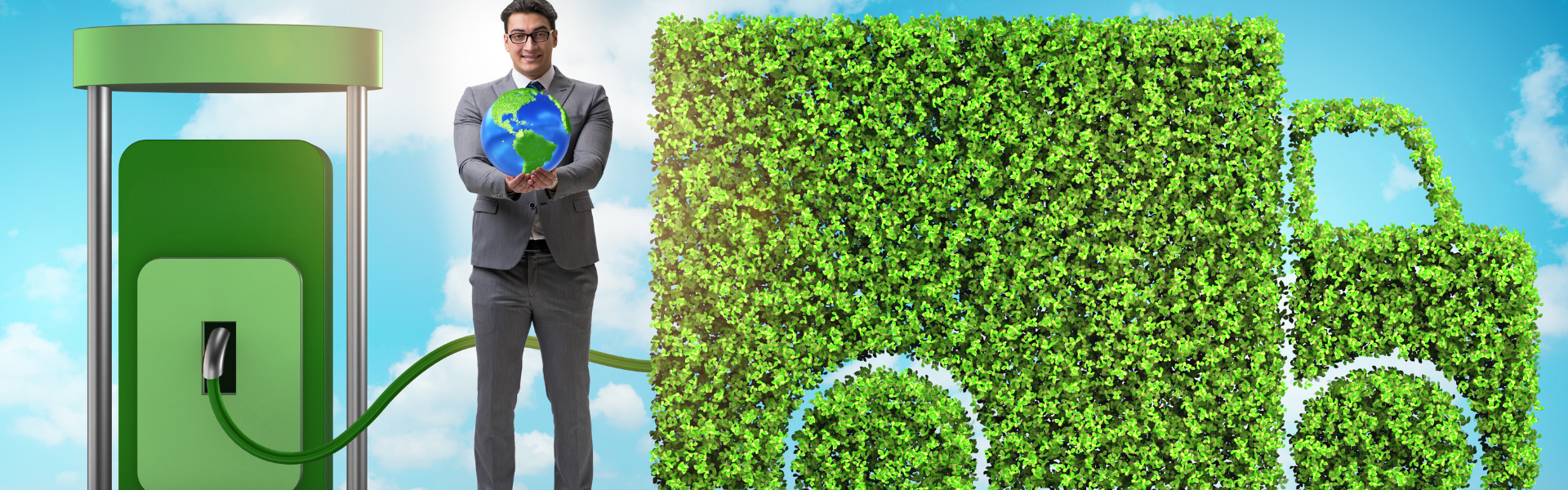 truck made of leaves being filled with green fuel