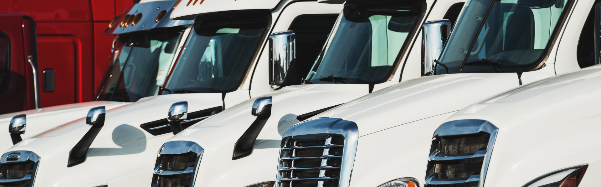 line of white semi trucks parked in lot