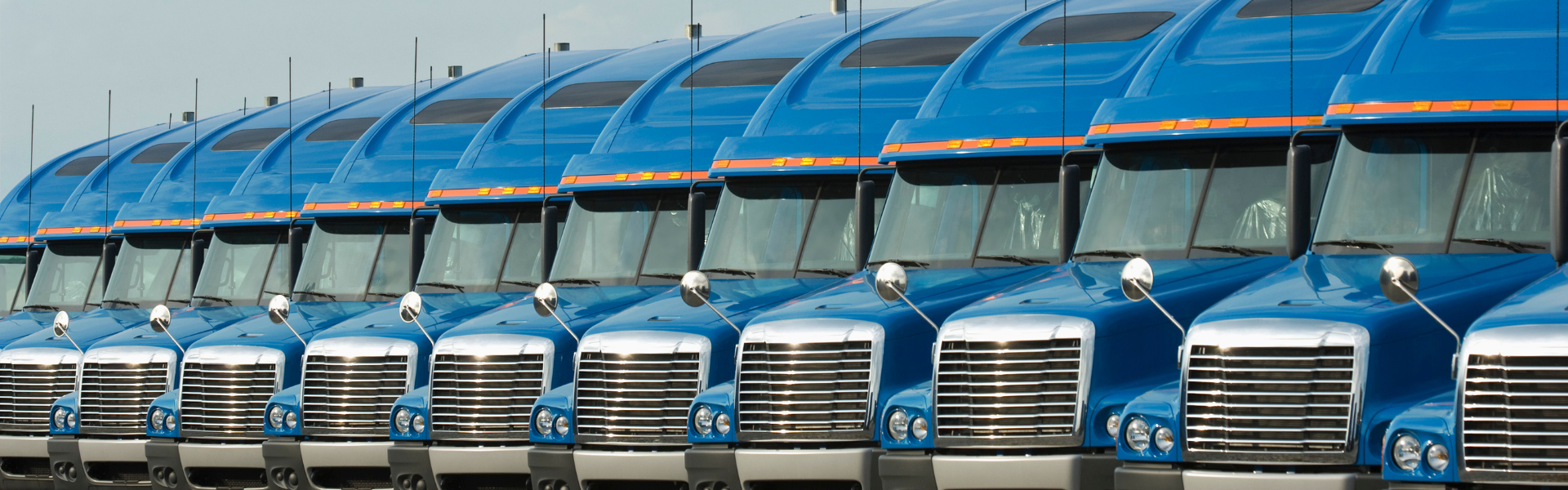 line of blue semi trucks parked in lot