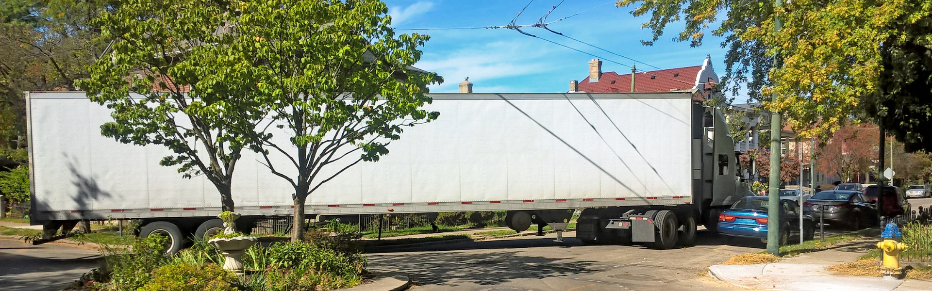 semi maneuvering in town