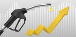 Rising fuel prices banner with up dynamic arrow and pump nozzle gasoline drop realistic vector