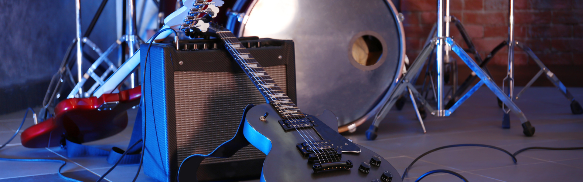 band equipment, guitars, amp, drums