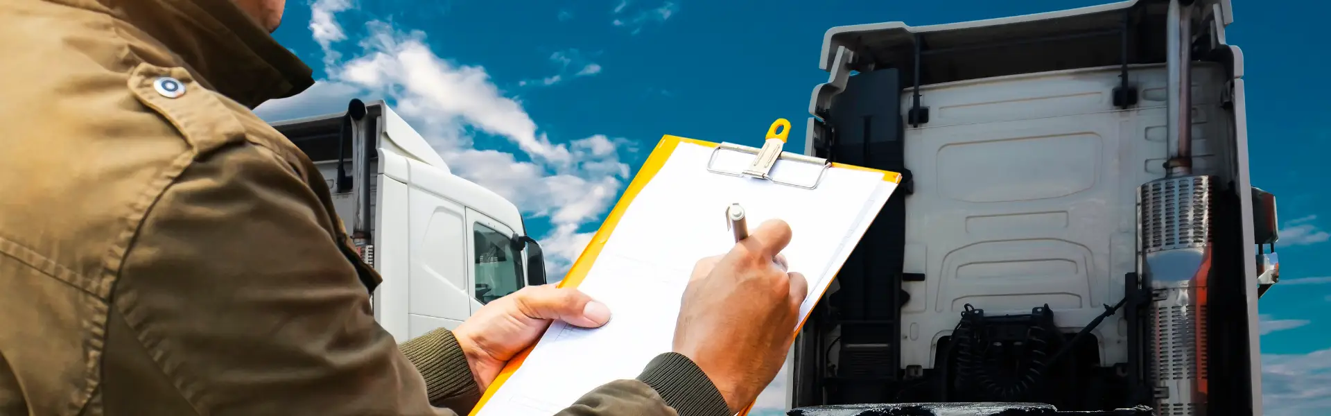 man with clipboard facing semi truck