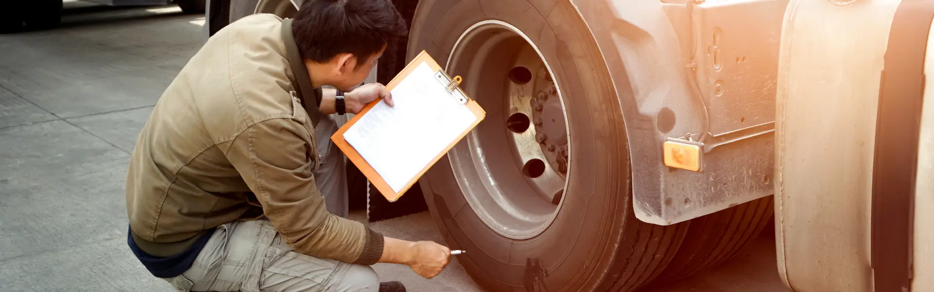 man with clipboard near semi truck tire