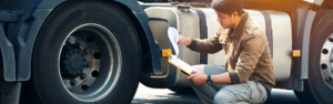 man with clipboard kneeling next to semi truck