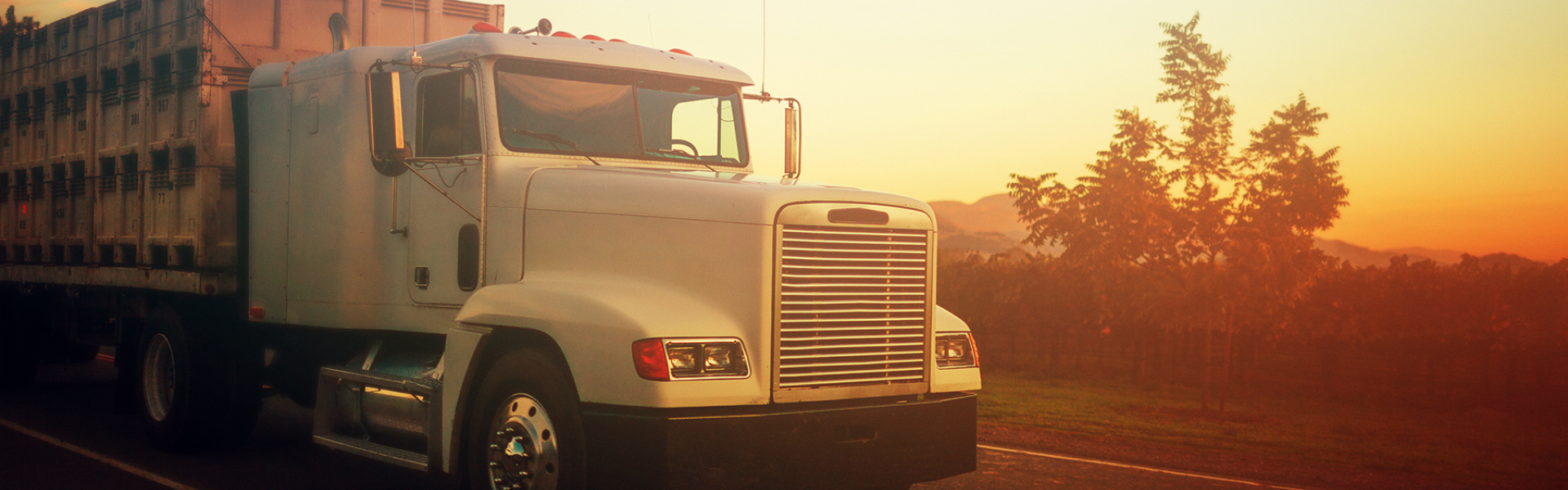 older white semi truck in sunset