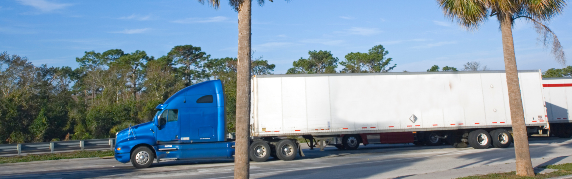 blue semi truck with white trailer parked in parking lot with palm trees