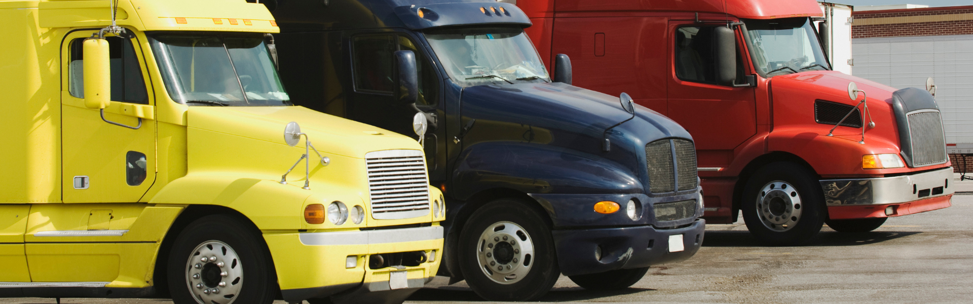 variety of colorful semi trucks parked in a row