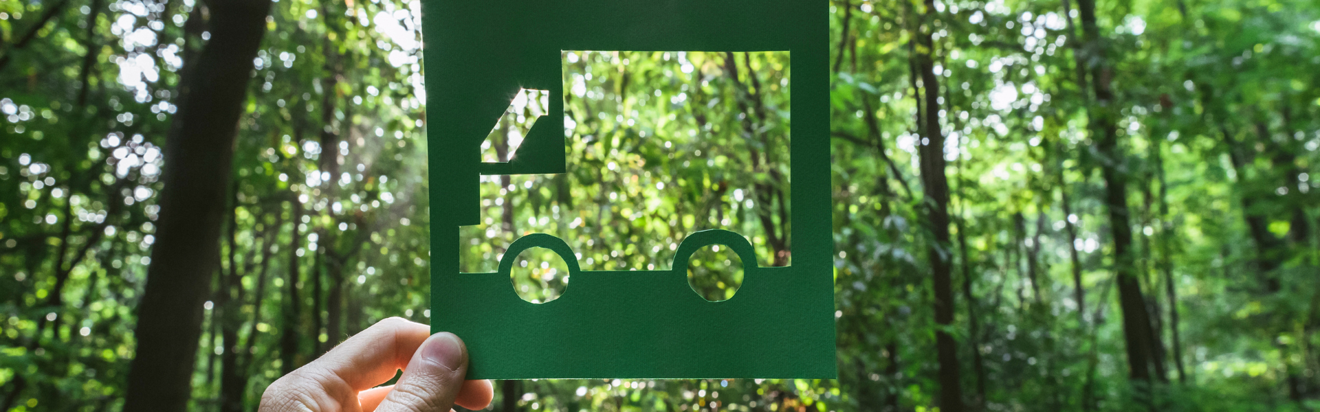hand holding up cutout of truck in front of a forest of trees