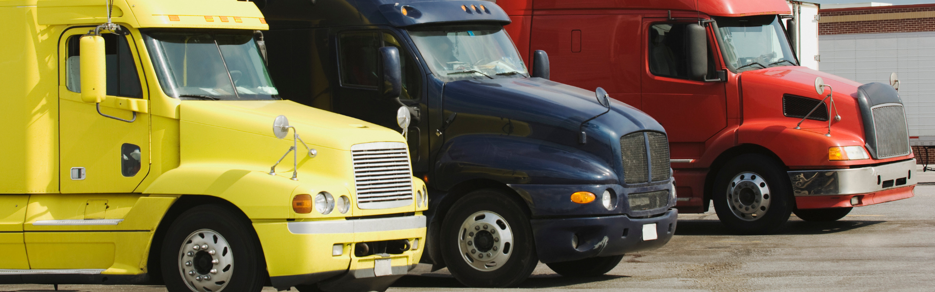 a variety of semi trucks parked in a parking lot