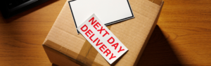 box with next day delivery sticker