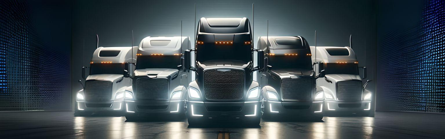 5 semi trucks with headlights on facing forward in dark setting