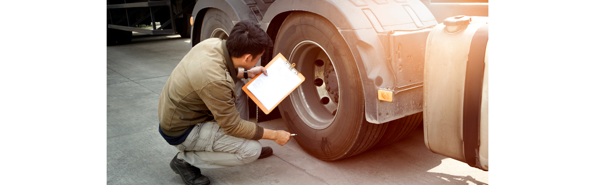 man with clipboard kneeling near semi truck tires