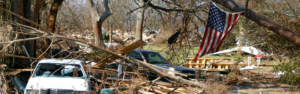 hurricane flood damage area, driving for fema to aid in disaster relief