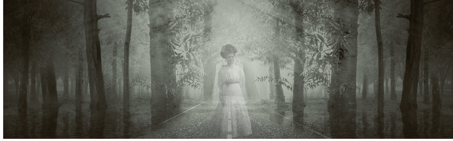 black and white eerie, spooky haunted highway with apparition of woman in white dress, ," U.S. truckers share spine-tingling stories of ghostly encounters, eerie roadside mysteries, and unexplained phenomena that haunt America's highways