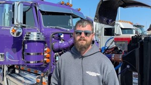 Dylan McCrabb, owner of McCrabb Trucking, leases on with Dan O'Brien Trucking out of Belle Plaine, Iowa. He was invited to bring his 2024 Peterbilt 389X to the Pride & Class Parade.