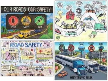 The FMCSA kid’s art contest has crowned its grand prize winners. Clockwise from left, Hannah Hong, grades K-2; Aahana Tiwari, grades 3-5; Saanvi Bajaj, grade 6-8; Cheyenne Chu, grades 9-12. (Source: FMCSA)