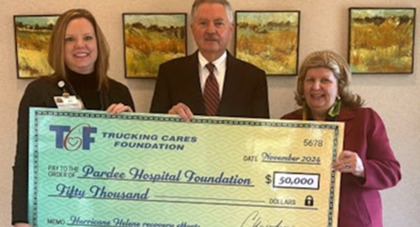 The Trucking Cares Foundation donates $50,000 to the Pardee Hospital Foundation, the largest gift in its history, to support Hurricane Helene recovery efforts in Western North Carolina. This contribution addresses critical health care needs, housing repairs, and more