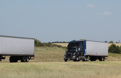 line of semi trucks on road