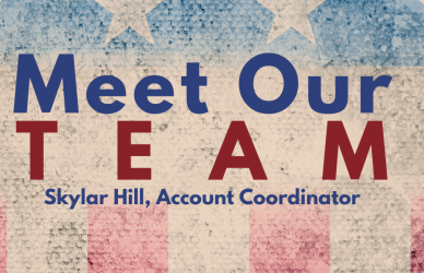 meet our team graphic for skylar hill with american flag background