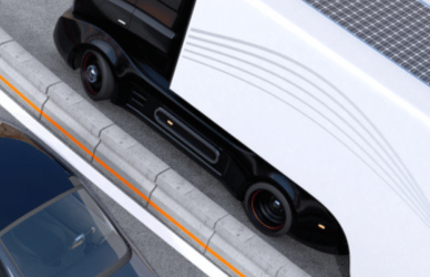 rendering of semi truck with solar panels on trailer driving down the highway next to a black car