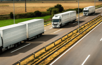 line of electric semi trucks on highway
