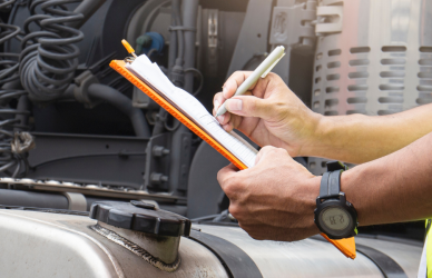man with clipboard and safety vest near semi truck