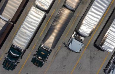 aerial view of parked semi trucks