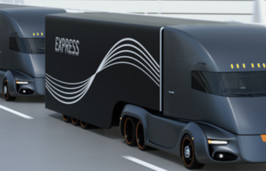 line of self driving trucks on futuristic highway