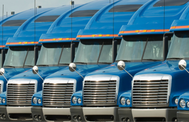 Line of parked blue semi trucks