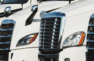 line of new white semi trucks parked