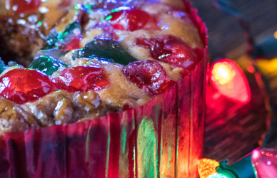 fruitcake and holiday lights