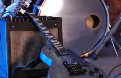 band equipment, guitars, amp, drums