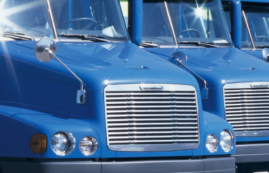 blue semi trucks parked in a row