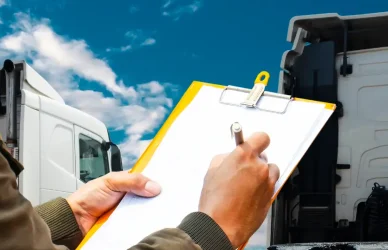 man with clipboard facing semi truck